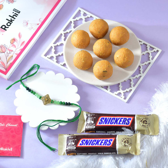 Exquisite Rakhi with Besan Laddoo & Snickers