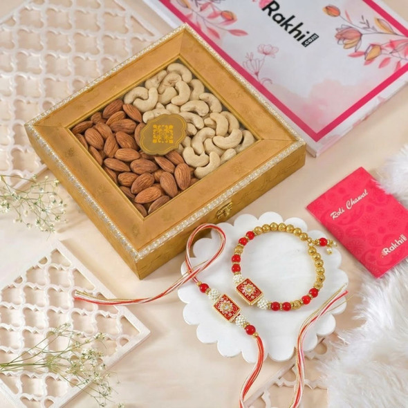 Royal Red Bhaiya Bhabhi Rakhi Set with Dry Fruits Box