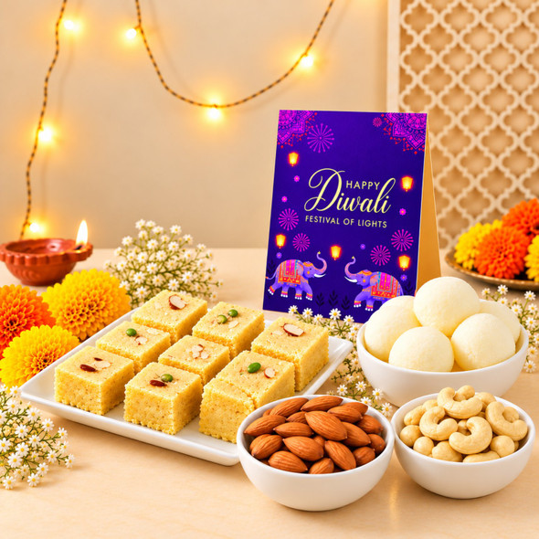 Festive Soan Papdi with Rasgulla and Nuts Diwali Gift Combo