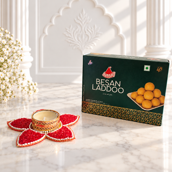 Diwali Gift Hamper Of Besan Laddu And Decorative Diya