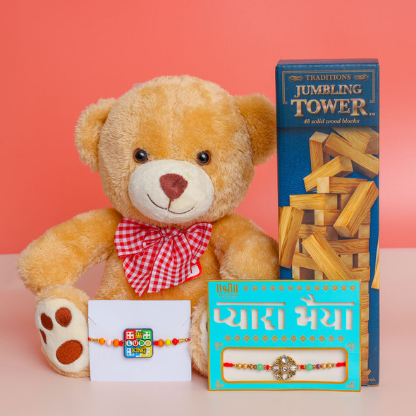 Beautiful Kundan & Kid's Rakhi Set of 2  With Teddy & Toy - For Australia