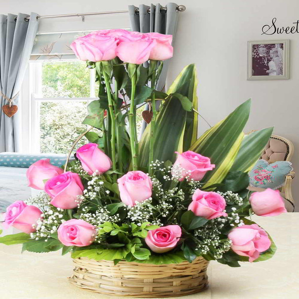 Delightful Arrangement of Pink Roses in Basket