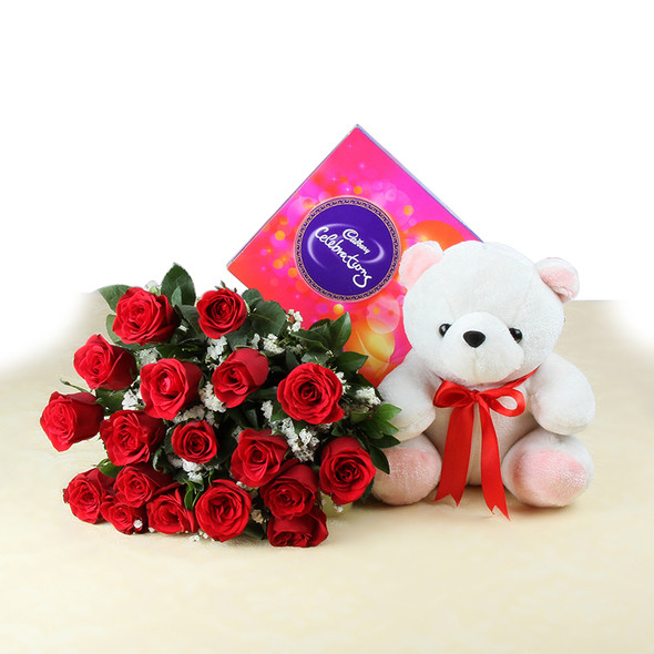 Soft Toy with Celebration Chocolates and Red Roses