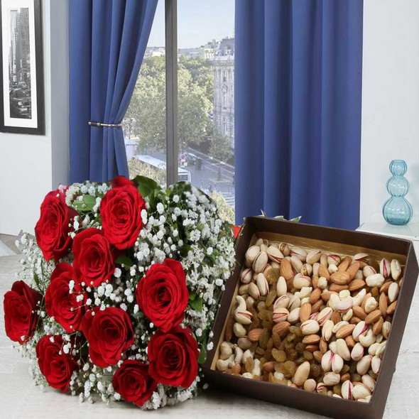 Delightful Red Roses Bouquet with Mixed Dryfruits