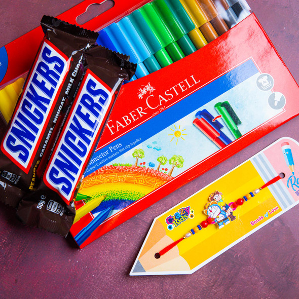 Kiddo Rakhi With Sketch Colors And Snickers Bars - For Australia