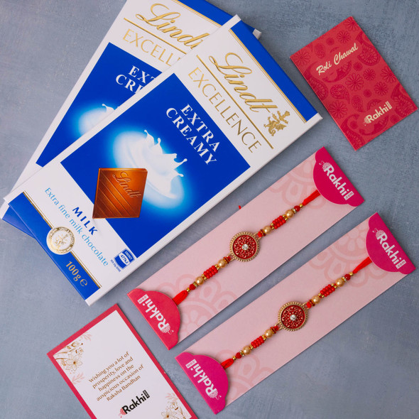 Handcrafted Rakhis And Lindt Chocolate Bar - For Australia
