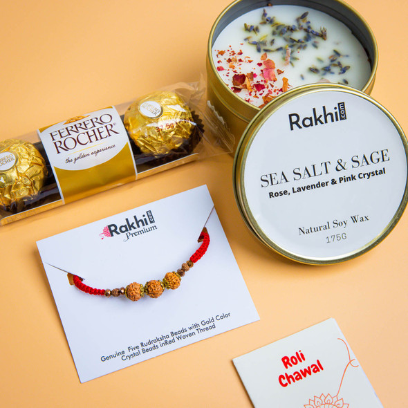 Premium Rudraksh Rakhi with Aroma Candle  & Farrero Chocolates  - For Australia