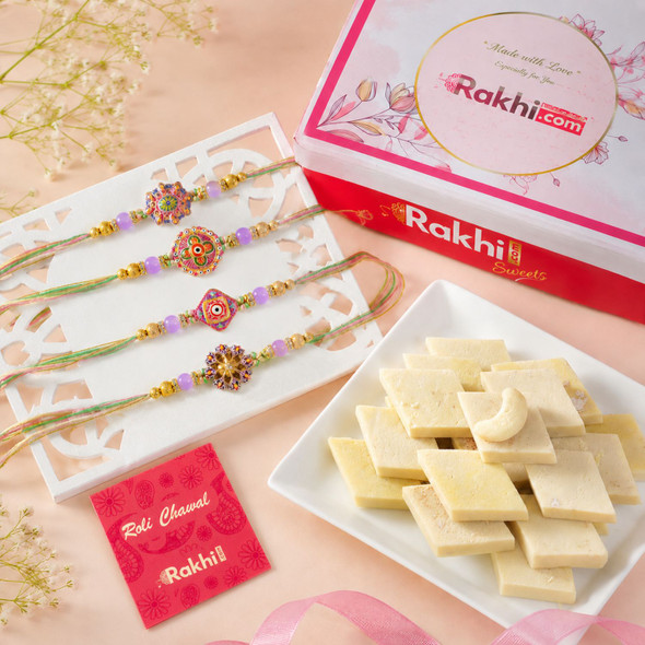 Set of Four Kundan Rakhi With Kaju katli