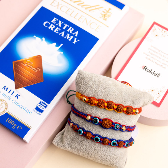 Hand Crafted 3 Rudraksh Rakhi With Lindt Chocolate Bar
