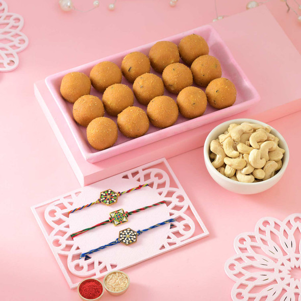 Three Minakari Rakhi With Besan Laddu & Cashews