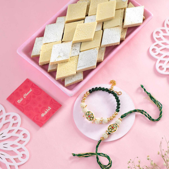 Bhaiya Bhabhi Golden Green Rakhi Set With Kaju Katli