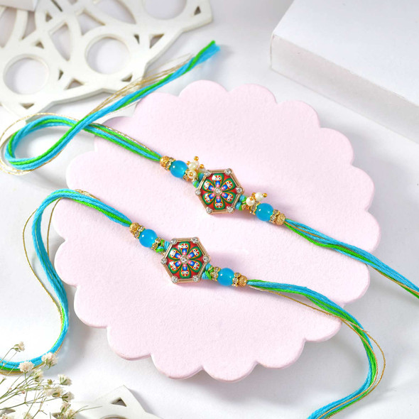 2 Designer Blue Rakhi Dry Fruit Hamper