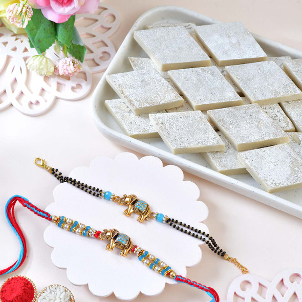 Two Royal Elephant Rakhi Set With Kaju Katli
