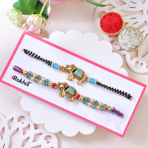 Two Royal Elephant Rakhi Set With Kaju Katli