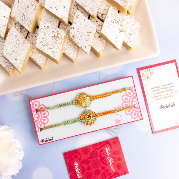 Set of 2 Stunning Floral Rakhi with Kaju Katli