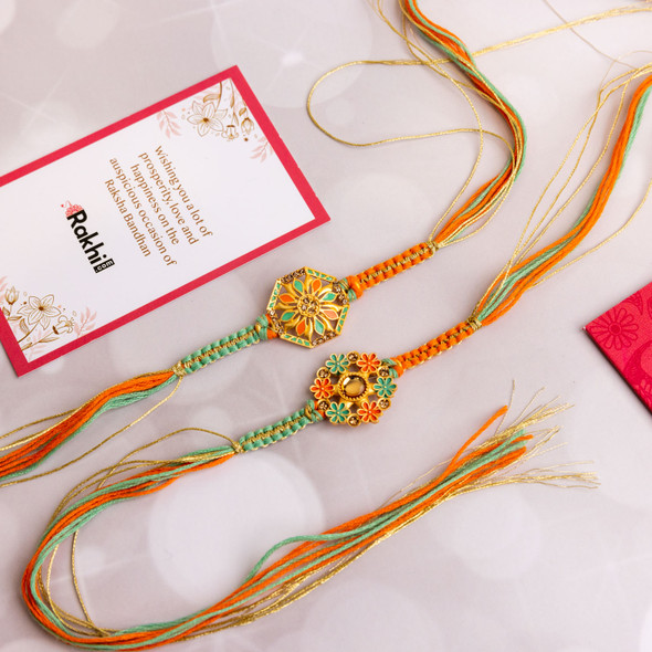 2 Colorful Vibrant Rakhi With Besan Laddu