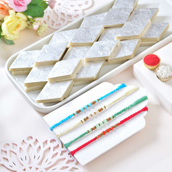 Hand Braided Colorful Rakhi Set With Kaju Katli