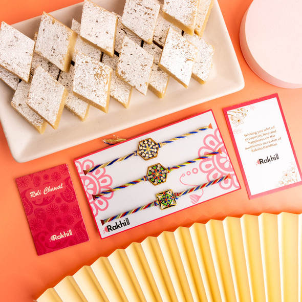 Three Beautiful Rakhi with Kaju Katli -For Canada