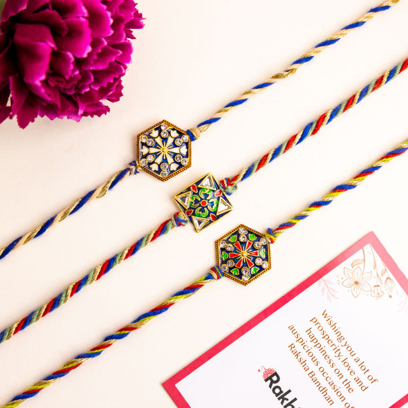 3 Meenakari Rakhi Set With Dry Fruits