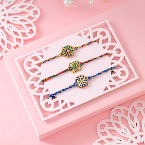 3 Meenakari Rakhi Set With Besan Laddu & Cashew