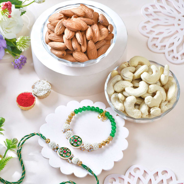 Golden Green Bhaiya Bhabhi Rakhi With Dry Fruits