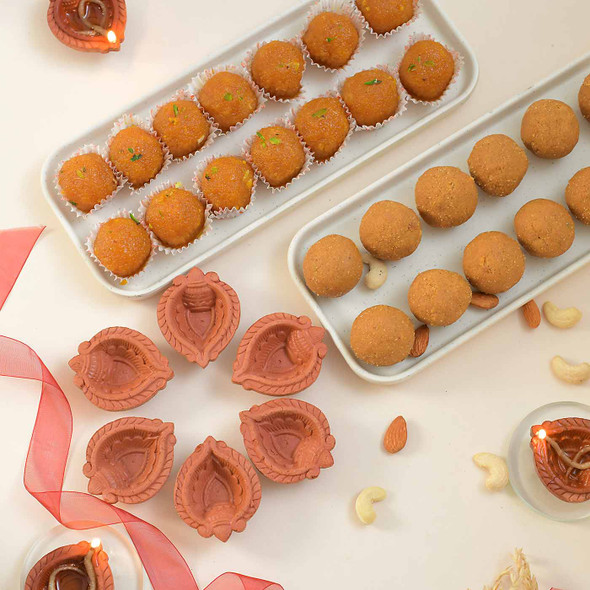Diwali Diya with Mothichur Laddu & Besan Laddu
