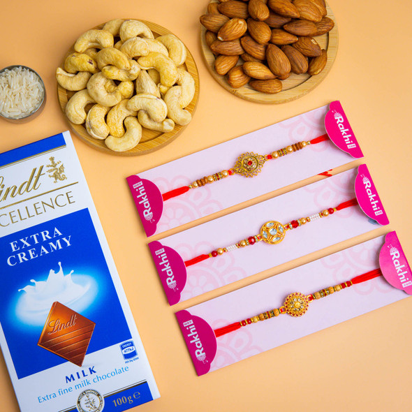 Set of 3 alluring Rakhi with Lindt Chocolate & Dryfruits
