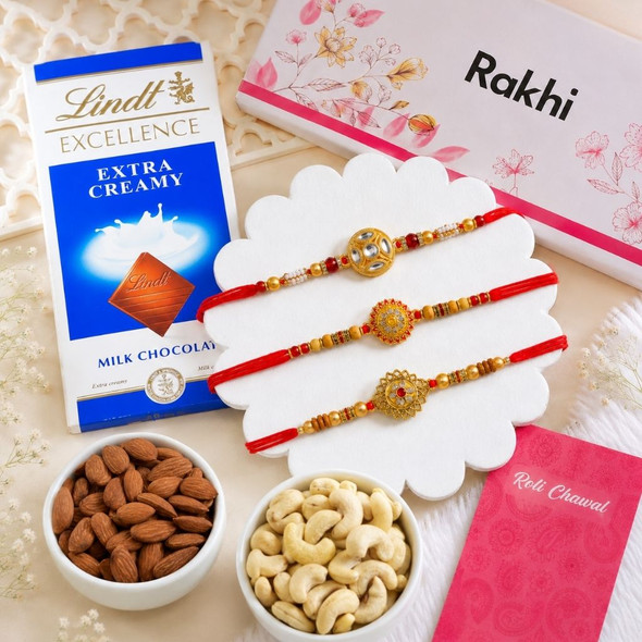 Set of 3 alluring Rakhi with Lindt Chocolate & Dryfruits