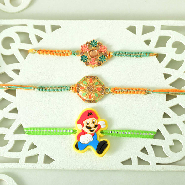 Set of 2 Floral Shaped Rakhi with Kids Rakhi