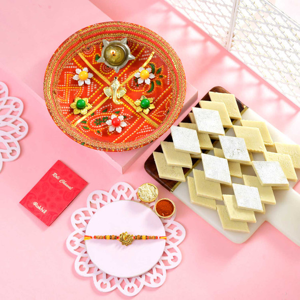 Ganesha Rakhi With Pooja Thali & Kaju Katli