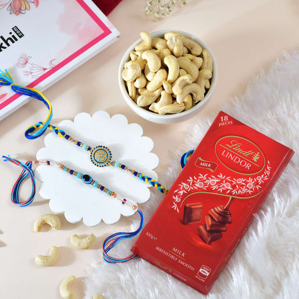 Bhai Rakhi With Lindt Milk Chocolate Bar & Cashews