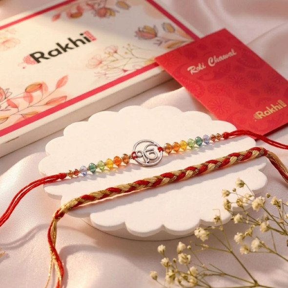 Ek Onkar Beaded & Red-Gold Braided Rakhi Set