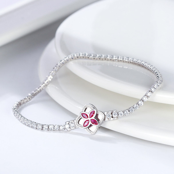 Enchanting Sterling Silver Tennis Bracelet With Red CZ Clover Clasp