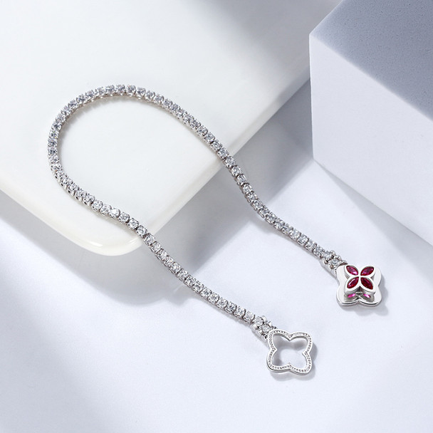 Enchanting Sterling Silver Tennis Bracelet With Red CZ Clover Clasp