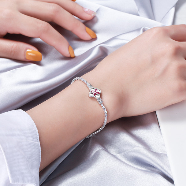Enchanting Sterling Silver Tennis Bracelet With Red CZ Clover Clasp