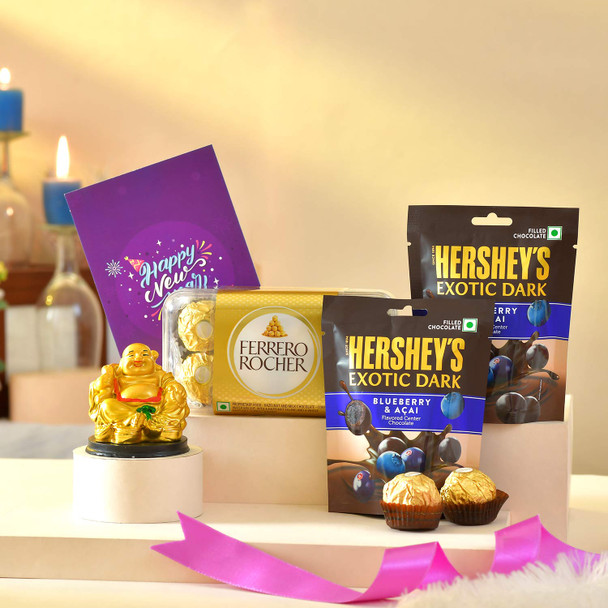 New Year Combo of Exotic Chocolates with  Laughing Buddha