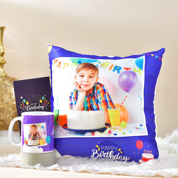 Personalised Birthday Gift of Cushion with Photo Mug