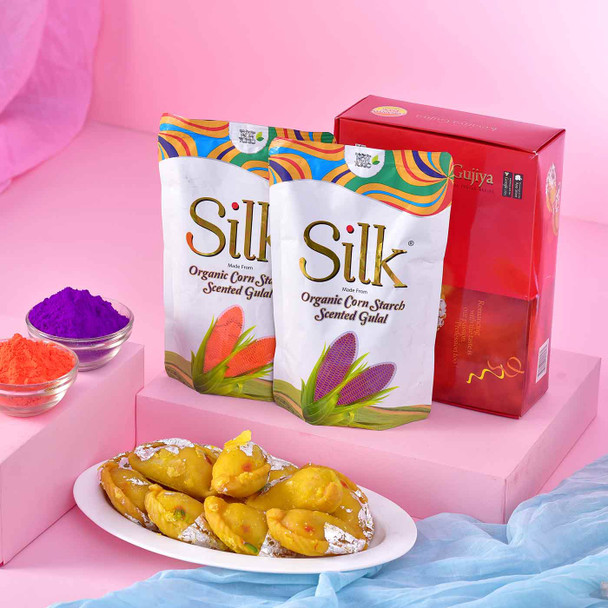 Chappan Bhog Kesariya Paaghi Gujiya with Holi Gulal