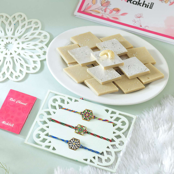 Three Beautiful Rakhi With Kaju Katli