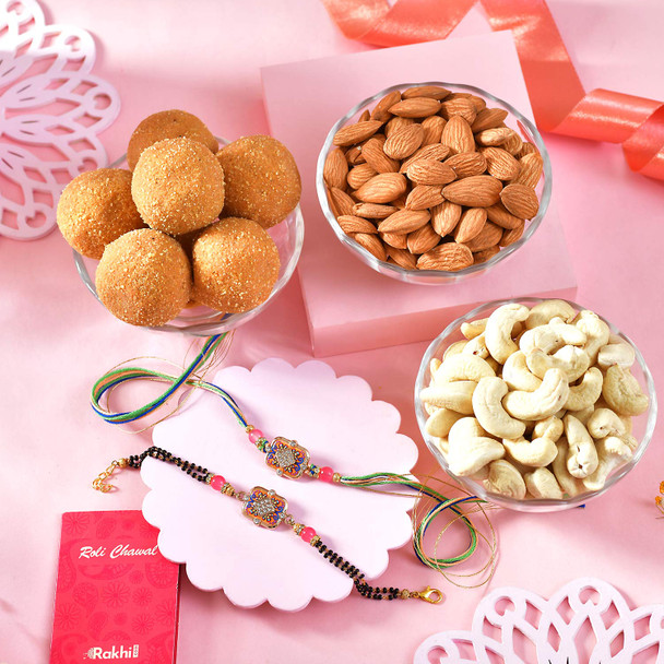 Elegant Bhaiya Bhabhi Rakhi Set with Sweet & Dryfruits