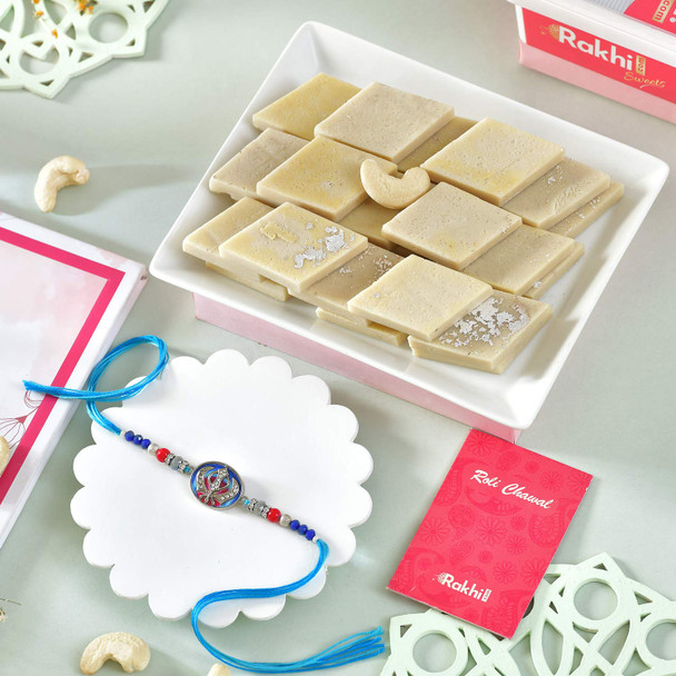 Pious Khanda Sahib Rakhi With Kaju Katli