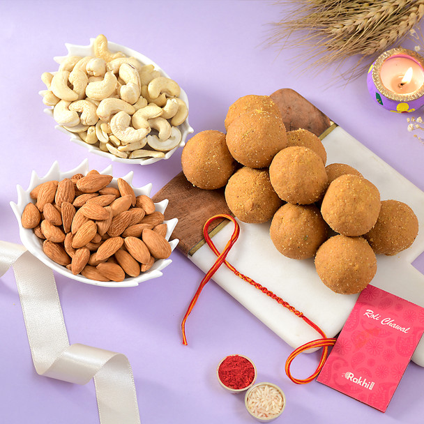 Hand Crafted Moli-Kalava Rakhi With Sweets & Nuts