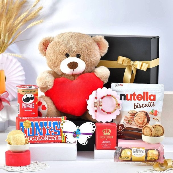 Divine Trio Rakhi Set with Teddy Gourmet Hamper