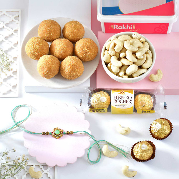 Antique Mint Stone Floral Rakhi & Gourmet Hamper