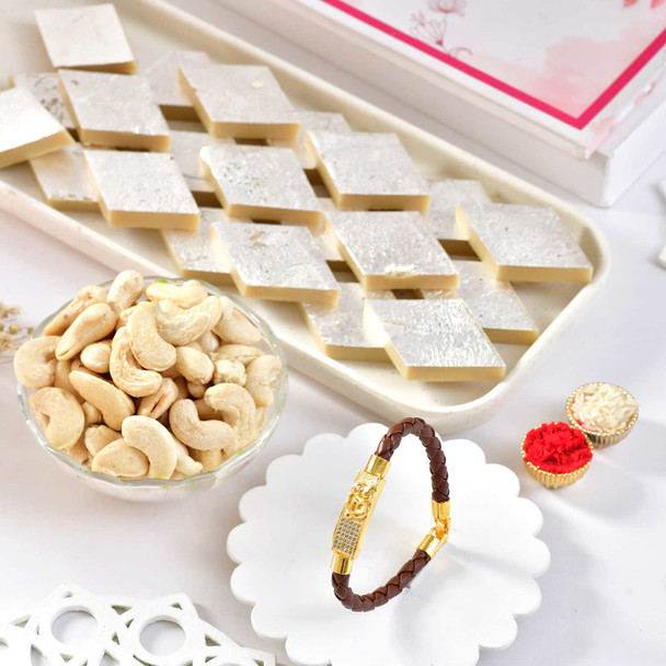 Spiritual Divine Bracelet Rakhi and Kaju Katli Sweet with Cashew Spiritual Divine Bracelet Rakhi and Kaju Katli Sweet with Cashew