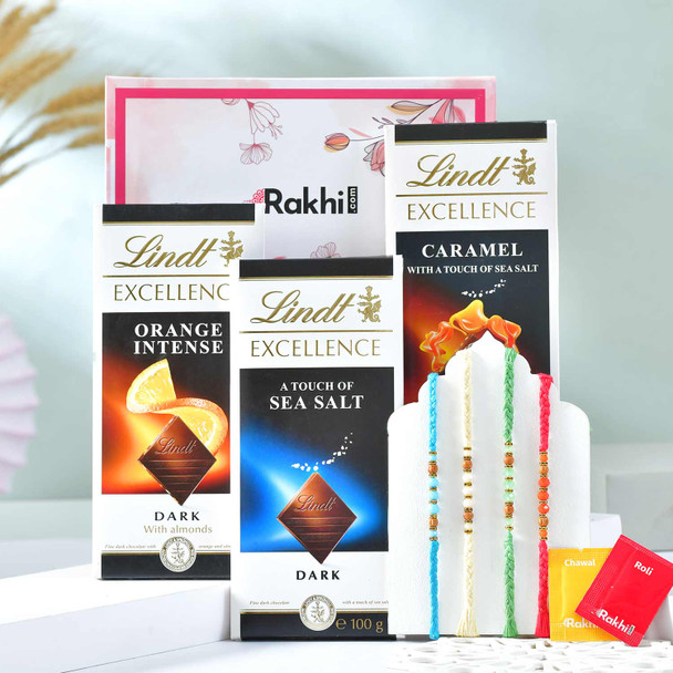 Lindt Excellence Chocolates with Four Rakhi Set