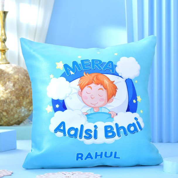 Personalized Name Cushion and Mug Rakhi Gift for Lazy Brother
