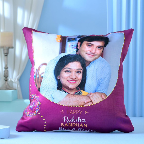 Personalized Photo Cushion and Mug Rakhi Gift for Bhaiya Bhabhi