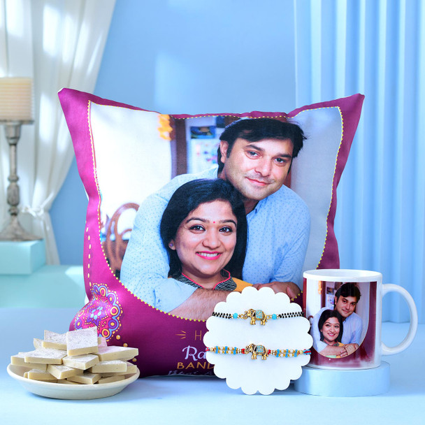 Personalized Photo Cushion and Mug Rakhi Gift for Bhaiya Bhabhi