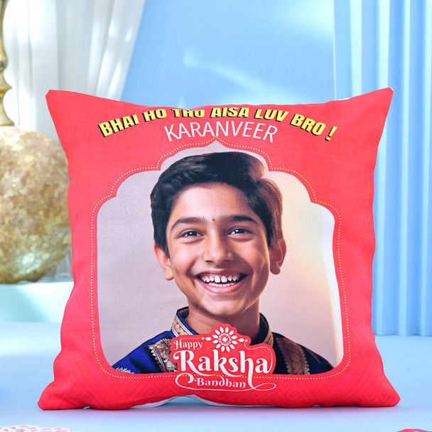 Personalized Photo Mug and Cushion Gift and Soan Papdi and Cashew with Rakhi